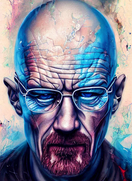 Image similar to a Demon Slayer portrait of Walter White, tall, pale-skinned, crystal blue eyes, chromatic aberration, by Stanley Artgerm, Tom Bagshaw, Arthur Adams, Carne Griffiths, trending on Deviant Art, street art, face enhance, chillwave, maximalist, full of color, glittering