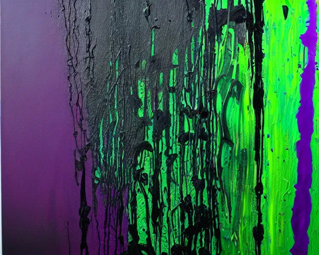 Image similar to abstract painting in black, dark green, purple, painted by Pat Steir, abstract painting. 8k, dripping paint, paint spill, extreme detail, intricate detail, masterpiece, trending on artstation,