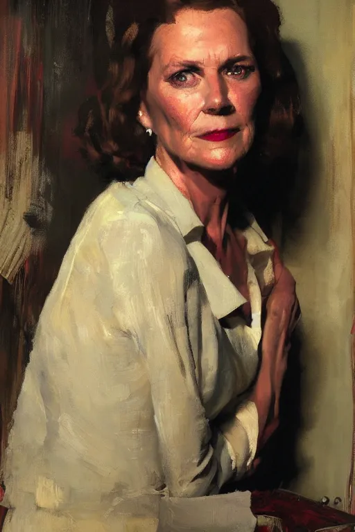 Image similar to portrait of your mother in a darkened room, painted by tom lovell frank schoonover dean cornwell mandy jurgens everett raymond kinstler, photorealism, hd, detailed