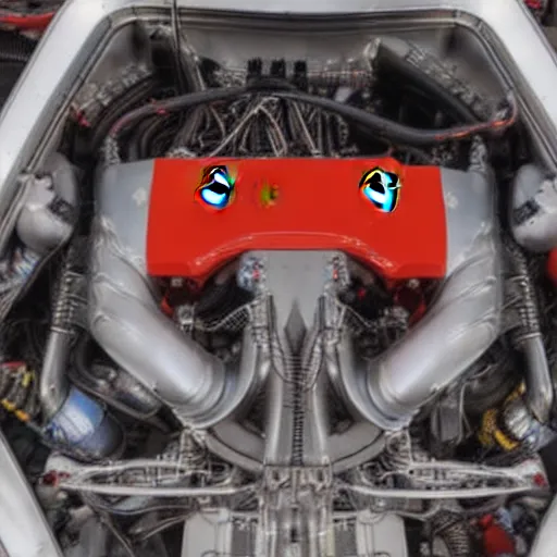 Prompt: “ferrari F136 engine in a Subaru viewed from above, no front end, photograph”