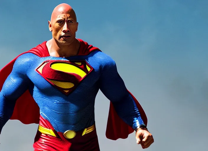 Image similar to film still of dwayne the rock johnson as superman in the new superman movie, 4 k