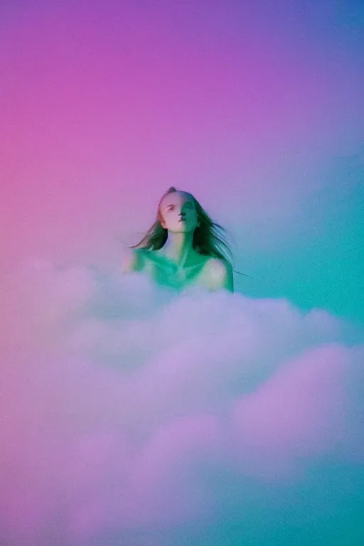 Image similar to high quality pastel coloured film close up wide angle photograph of a model wearing clothing swimming on cloud furniture in a icelandic black rock!! environment in a partially haze filled dreamstate world. three point light, rainbow. photographic production. art directed. pastel colours. volumetric clouds. pastel gradient overlay. waves glitch artefacts. extreme facial clarity. 8 k. filmic.