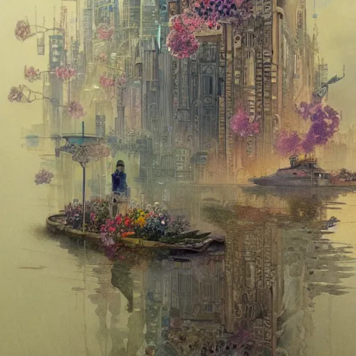 Image similar to a beautifull intricate watercolour painting of a floating ciberpunk cityscape with many flowers, reflexions, verry high details by william turner art, greg rutkowski and alphonse mucha, trending on artstation, very very detailed, masterpiece, - h 7 0 4