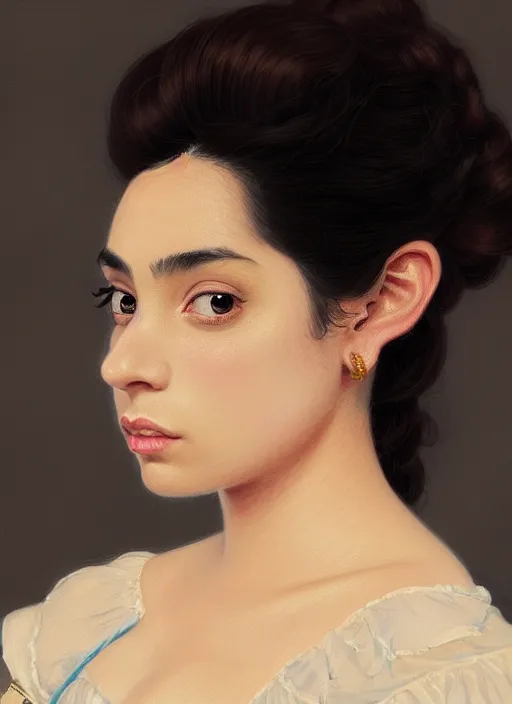 Prompt: a portrait of a young hispanic woman with a crooked nose in victorian clothing, confident pose, intricate, elegant, sharp focus, illustration, highly detailed, concept art, matte, trending on artstation, anime, art by james jean and artgerm and brian despain and alberto mielgo, greg rutkowski, wlop, ilya kuvshinov, strong strokes