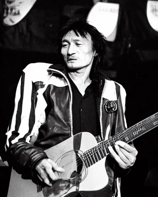 Image similar to sixty years old viktor tsoi with guitar in his hands, leather jacket, photo, microphone, rock concert, black and white, iso 6 0 0, 3 5 mm, kodak gold