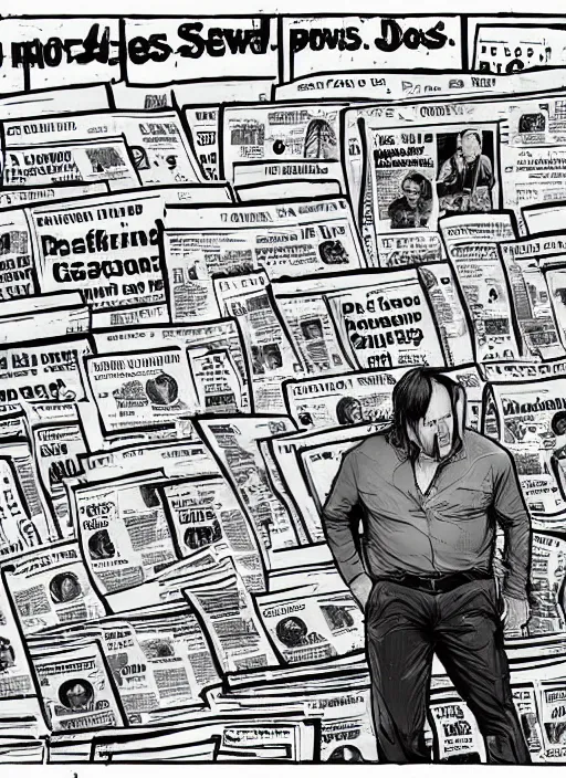 Image similar to sad alex jones surrounded by newspapers in a dark murky room, highdetailed illustration