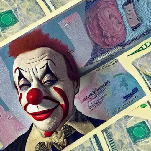 Prompt: A clown holding a dollar banknote, background is a slum, artstation, cgsociety, masterpiece