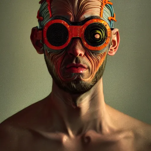 Image similar to Colour Caravaggio Bosch style Photography of Man with reflecting glowing skin with highly detailed 1000 years old face with reflecting glowing skin wearing highly detailed sci-fi VR headset designed by Josan Gonzalez. Many details . In style of Josan Gonzalez and Mike Winkelmann and andgreg rutkowski and alphonse muchaand and Caspar David Friedrich and Stephen Hickman and James Gurney and Hiromasa Ogura. Rendered in Blender and Octane Render volumetric natural light