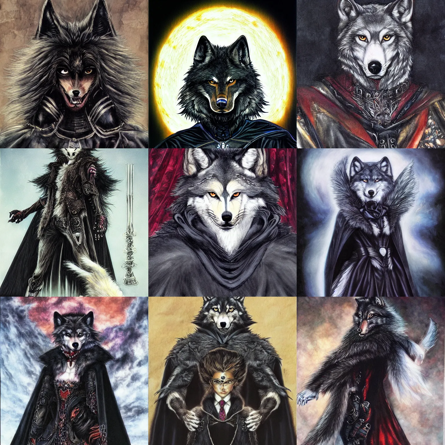 Prompt: a portrait of an anthropomorphic wolf, furry fursona, black cape, long fangs, by ayami kojima