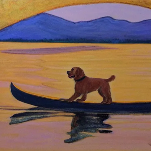 Prompt: golden retriever puppy canoeing, in the style of emily carr, group of seven,