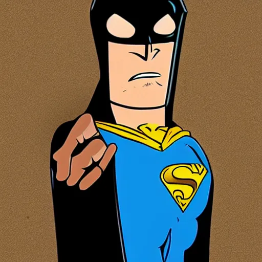 Prompt: Nite-Owl from Watchmen standing in an alleyway with his arms crossed and his cape blowing in the wind, in the style of Bruce Timm, In the style of Justice League unlimited, Cartoon Style