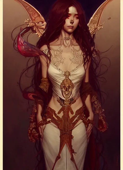 Prompt: demon intricate, elegant, highly detailed, digital painting, artstation, concept art, smooth, sharp focus, illustration, art by artgerm and greg rutkowski and alphonse mucha