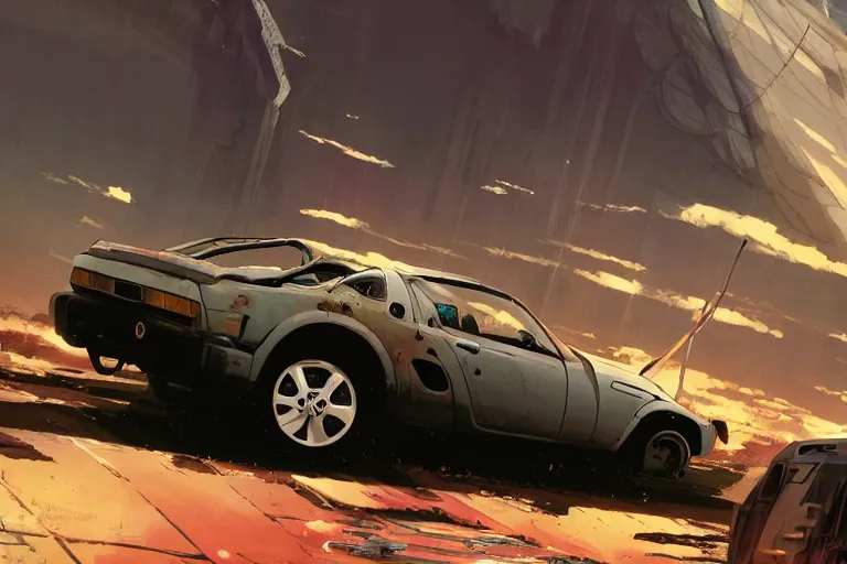 Prompt: 2 0 0 1 space odyssy diesepunk toyota mr 2 mad max speeding through a fuel depot by greg rutkowski makoto shinkai takashi takeuchi studio ghibli, akihiko yoshida