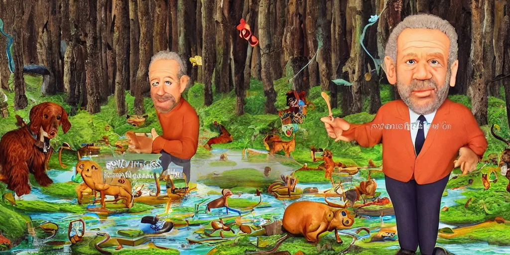 Prompt: alan sugar. plasticine animation eating leaves pastry pets on his shoulders going for a walk in the country. in the forest on the floor. the apprentice sitting on hands. eating burnt toast and drinking fresh clear water from a stream, painting in the style of salvador dali.