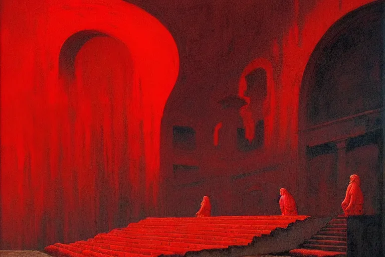 Image similar to only with red, a red melted emperor, taormina amphitheatre, crowd hails him, in the style of beksinski, parts by edward hopper, parts by rodcenko, parts by yue minjun, intricate and epic composition, red by caravaggio, insanely quality, highly detailed, masterpiece, red light, artstation, 4 k