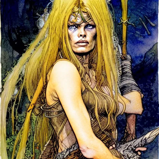 Image similar to a realistic and atmospheric watercolour fantasy character concept art portrait of brigitte bardot as a druidic warrior wizard looking at the camera with an intelligent gaze by rebecca guay, michael kaluta, charles vess and jean moebius giraud