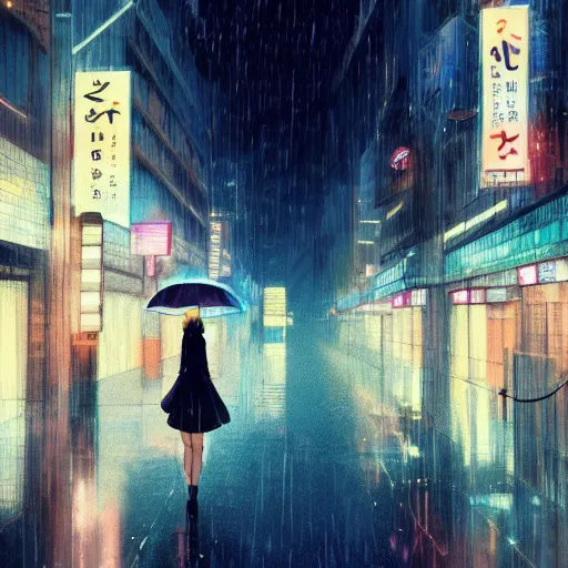 beautiful anime girl walking in rainy osaka city | Stable Diffusion ...