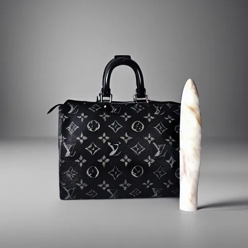 Image similar to louis vuitton handbag, alien style, marble table, studio lighting, product photography