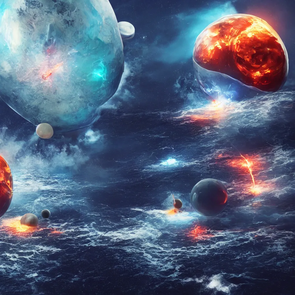 Prompt: two characters clashing & fighting over spherical shape of planet earth, with stars & space beyond, one side water & Waterspouts & one side fire & volcano, octane render, future