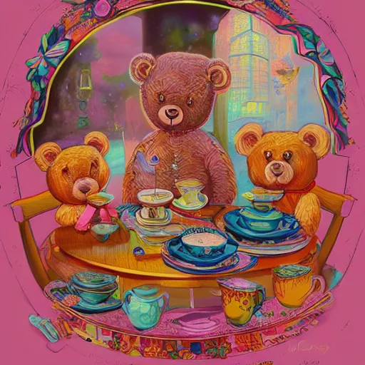 Prompt: Teddy Bear Tea Party By Casey Weldon and Martine Johana, rich colors, vivid colors, intricate, elegant, highly detailed, centered, digital painting, artstation, concept art, smooth, sharp focus, HDR, illustration