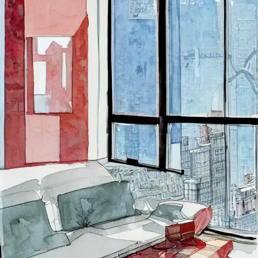 Image similar to modern loft overlooking central park in a blizzard, in watercolor gouache detailed paintings, moebius, blueprint, art nouveau