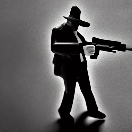 Image similar to agent 4 7 point his gun toward the camera. 5 0 mm, macro, photo, black and white.