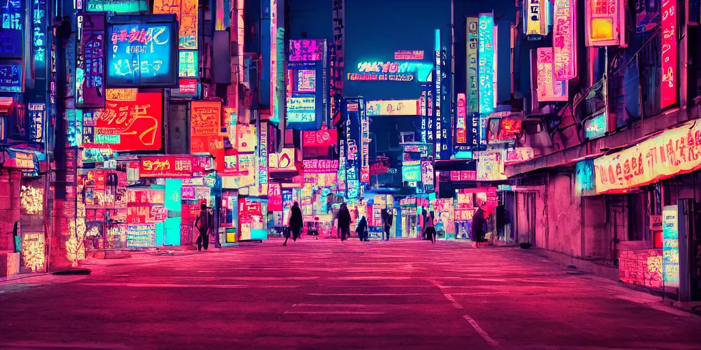 Prompt: neon lights on the streets of korea, digital art, spring, wide shot