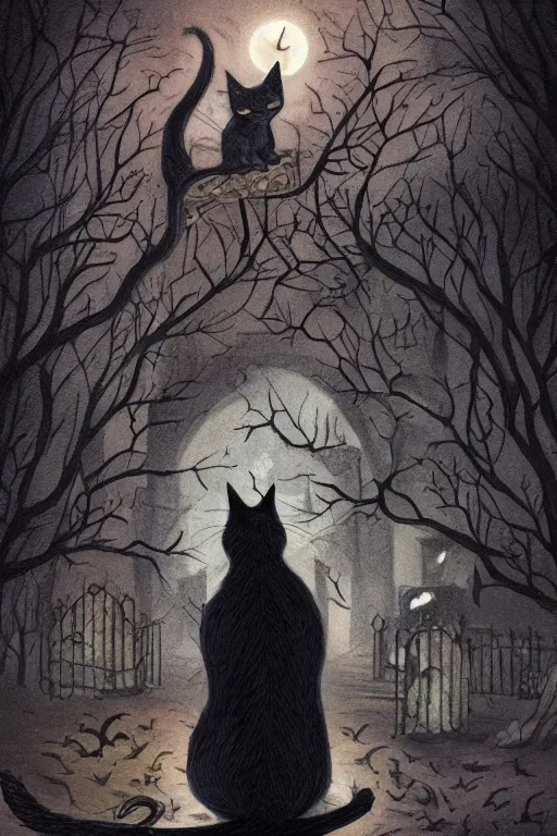 Image similar to black cat in graveyard at midnight halloween tattoo on shoulder by anton pieck, intricate, extremely detailed, digital painting, artstation concept art