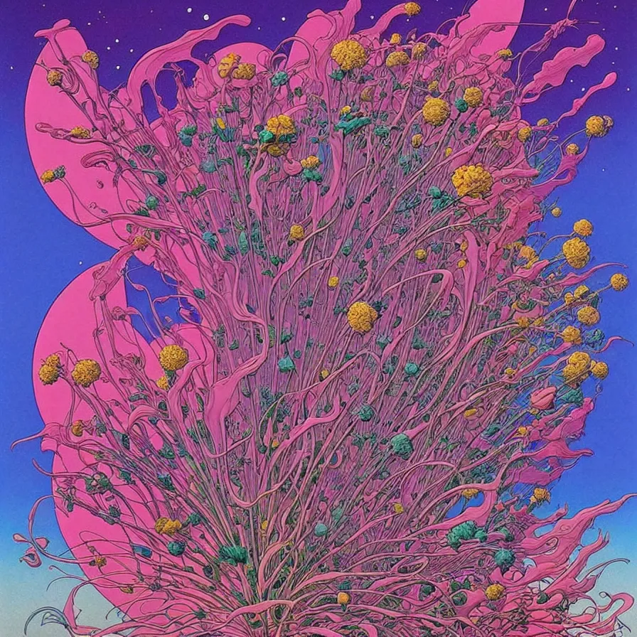 Image similar to ( ( ( ( beautiful flowers in a strange planet ) ) ) ) by mœbius!!!!!!!!!!!!!!!!!!!!!!!!!!!, overdetailed art, colorful, artistic record jacket design