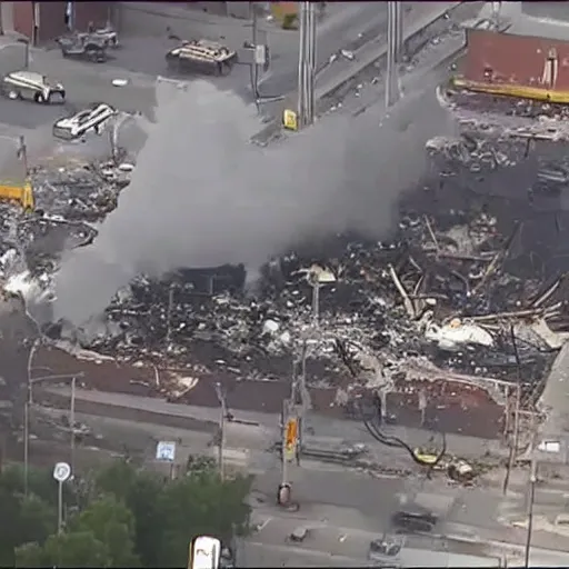 Image similar to bleve explosion, 2 4 0 p footage, 2 0 0 6 youtube video, helicopter footage over city, gas station explosion