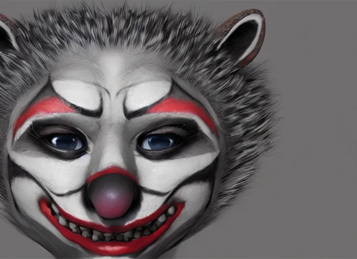 Image similar to award - winning detailed concept art of a creepy clown anthropomorphic raccoon character wearing clown makeup face paint. art by wlop on bcy. net, realistic. detailed fur, art by cheng yi. artstationhd, artgerm, 3 dcg, pixar zootopia. 3 d rendering, high quality model sheet, disney. model sheet detailed