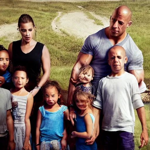 Image similar to closeup photo of vin diesel and his wife and 6 children, sunny day, village house, pastoral, happy, very high detail of faces, cinematic, art by jan urschel and neil blevins