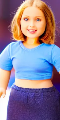 Prompt: a cute, pretty, plump, overweight, 1 3 - year - old american girl with short hair wearing a blue top and a tan skirt smiling. 4 k. realistic. detailed.