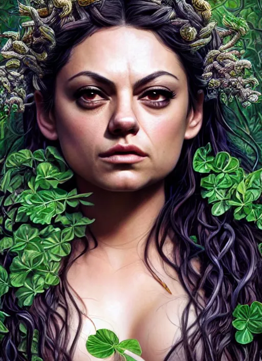 Image similar to photo of a mila kunis as medusa in the style of stefan kostic, realistic, half body shot, sharp focus, 8 k high definition, insanely detailed, intricate, elegant, art by stanley lau and artgerm, extreme bokeh foliage