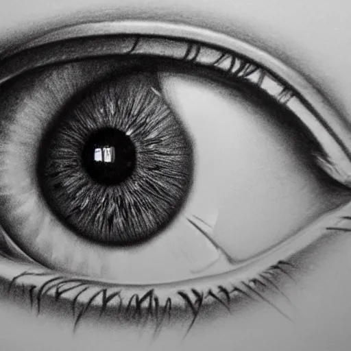 Prompt: ultra detailed ultra realistic pencil drawing of a human eye looking in a mirror