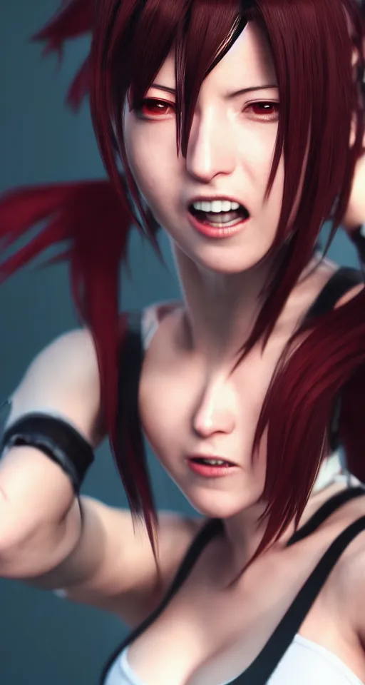 Prompt: closeup portrait of tifa lockheart punching the cameraman, action shot, photorealistic, octane render, hyperdetailed, artstation and pixiv