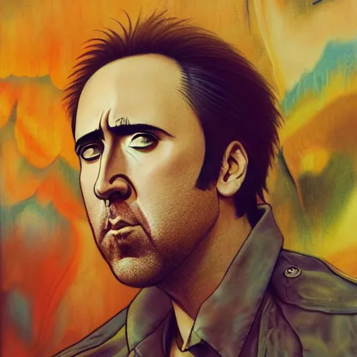 Prompt: prompt : nicolas cage portrait soft light painted by james jean and katsuhiro otomo and erik jones, inspired by evangeleon anime, smooth face feature, intricate oil painting, high detail illustration, sharp high detail, manga and anime 1 9 9 9