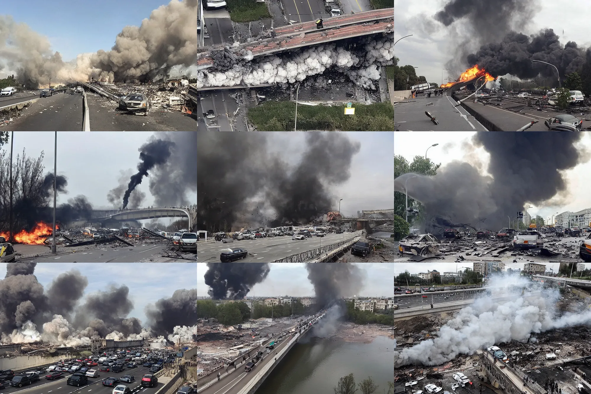 Prompt: a bridge with large columns on which there are a large number of cars, a large explosion destroys it