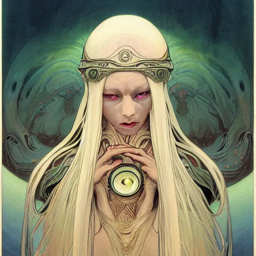 Prompt: portrait of small, rubbery, huge-eyed, big-lipped albino mutant priestess with elaborate white hair; Dune concept art by Anato Finnstark, Alphonse Mucha, Beksinski, and Studio Ghibli