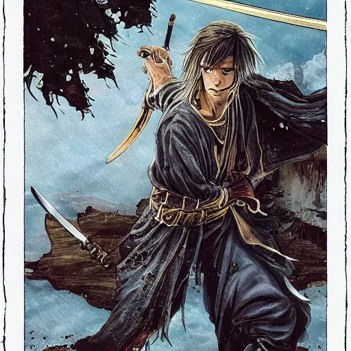 Image similar to attractive 22 year old Jared Leto golden Vagabond magic swordsman glides through a beautiful battlefield magic the gathering dramatic esoteric!!!!!! pen and ink!!!!! illustrated in high detail!!!!!!!! by Hiroya Oku!!!!! Written by Wes Anderson graphic novel published on shonen jump 2002 award winning!!!!