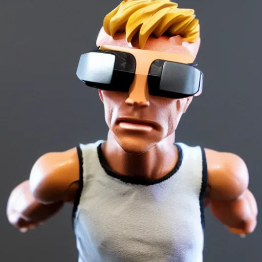 Image similar to action figure of a skinny blonde male wrestler wearing a vr headset and wearing a t - shirt and jeans, high detail, realistic,