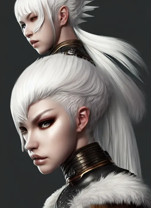 Image similar to warrior, fur leather armor!!! beautiful and elegant white hair female!! gorgeous ayes!! character concept art, sharp focus, octane render! unreal engine 5! highly rendered!! trending on artstation!! detailed linework!! illustration by artgerm, wlop, and chie yoshii