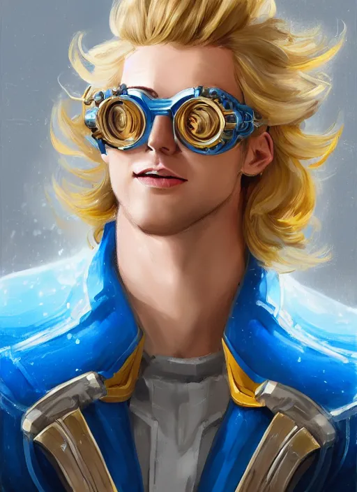 Prompt: a highly detailed illustration of thick wavy bright blonde haired effeminate guy wearing blue robe and goggles and cybermechanical arms, blue eyes, dramatic smiling pose, intricate, elegant, highly detailed, centered, digital painting, artstation, concept art, smooth, sharp focus, league of legends concept art, wlop