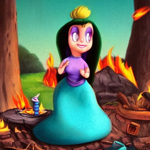 Image similar to full body portrait of Esmerelda (Tiny Toons (1990)) sitting around a campfire telling stories with her friends, in style Goro Fujita, 3D, UE5, ultra high textures, dark vignette, burning embers, nostalgic, muted colors, desaturated, volumetric, slightly drunk, candy rush, autochrome, tranquil, starry night, marshmallows, s'mores, highly detailed, busy, 4K, 8K, HQ