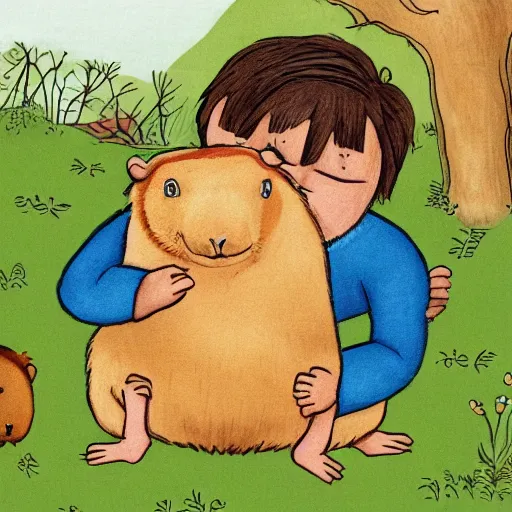 Image similar to badger lovingly hugging a capybara, children's book illustration