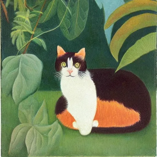 Image similar to calico cat in the style of henri rousseau