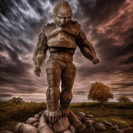 Prompt: a giant golem made out of stone in a fantasy world, game concept art ,award winning photography, illustration , HDR, natural lighting , dynamic pose, long shot, shot on Canon EOS R5, f/2.5,