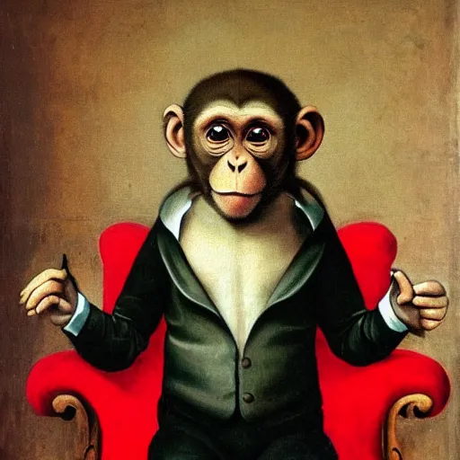 Image similar to renaissance painting of a monkey wearing a suit sitting in a red chair, smoke, dramatic