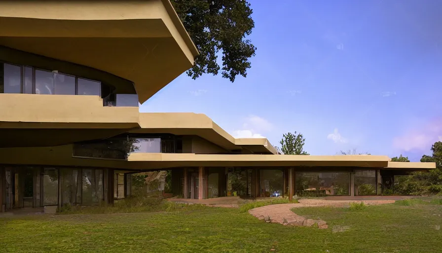 Prompt: modern villa, tibetan inspired architecture, on a green hill between trees, frank lloyd wright, photorealistic, cyberpunk