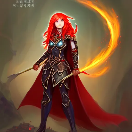 Image similar to a female elven cleric with red long hair, very good beautiful heavy scale armor, wearing a cape, casting a fire spell, dungeon background, magical, bright, colorful, fantastic lighting, amazing details, 4 k uhd, illustration by stephanie brown and mingchen shen and ilya kuvshinov, artstation, pixiv, concept art,